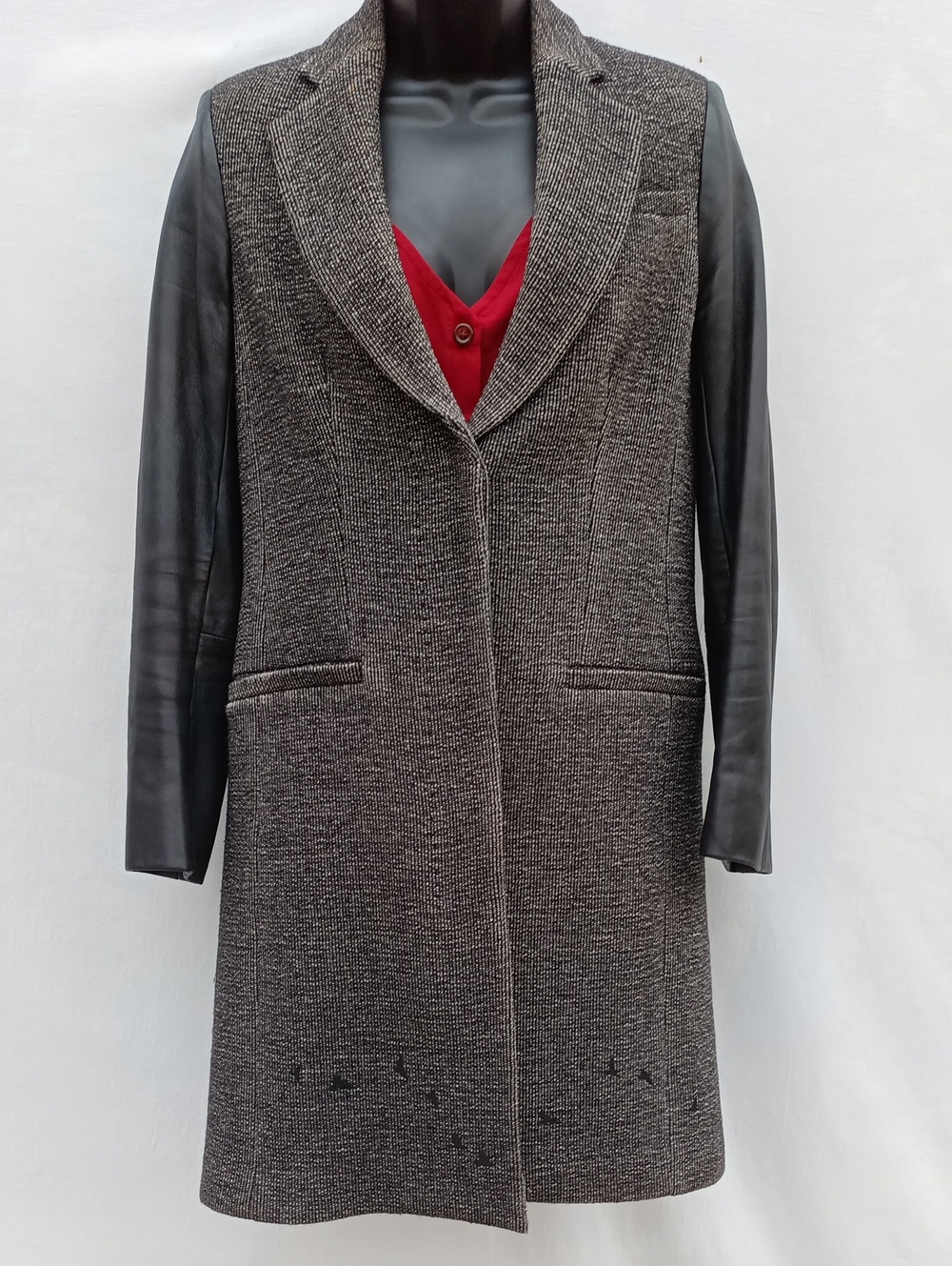 Aritzia Babaton Charcoal Tweed Trench Coat with Black Leather -Baby Lamb Sleeves